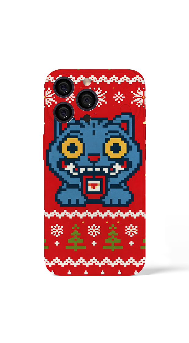 iPhone 17 Pro Max Christmas cat in pixel art style