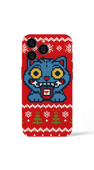 iPhone 17 Pro Max Christmas cat in pixel art style